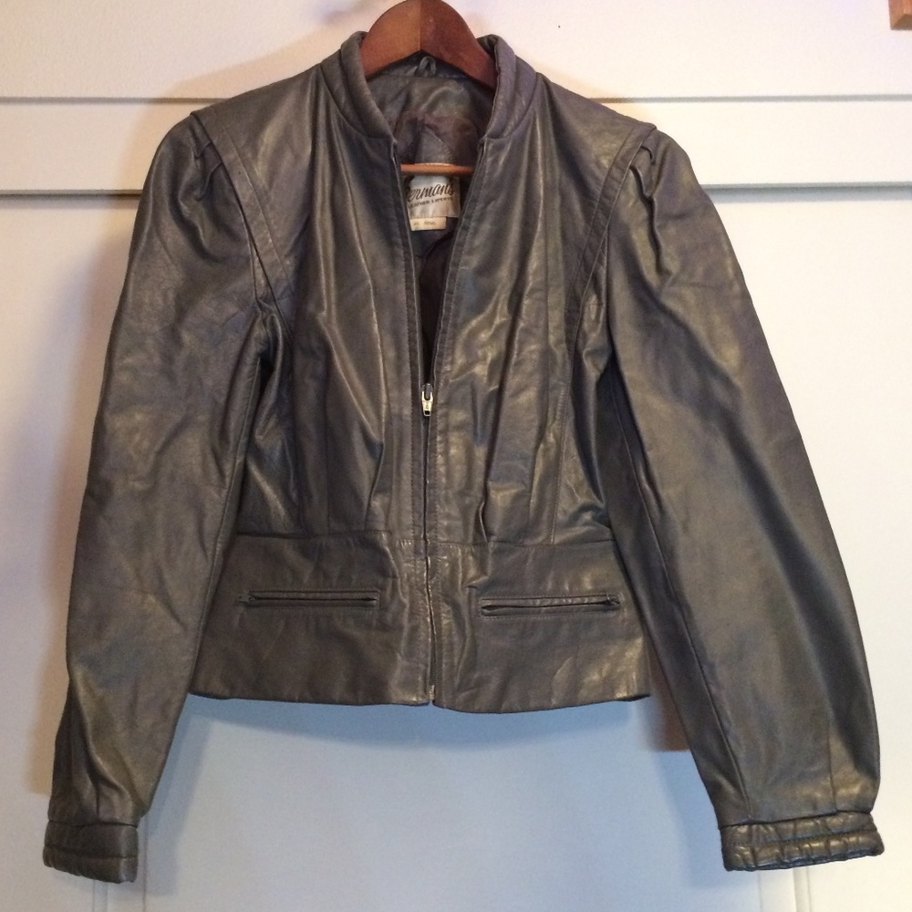 Berman's Vintage GRAY Leather Femme Bomber Coat